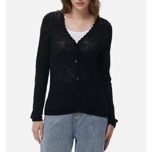 Frye Women's Black pointelle Cardigan Cottagecore Boho Coastal Cotton Size XL